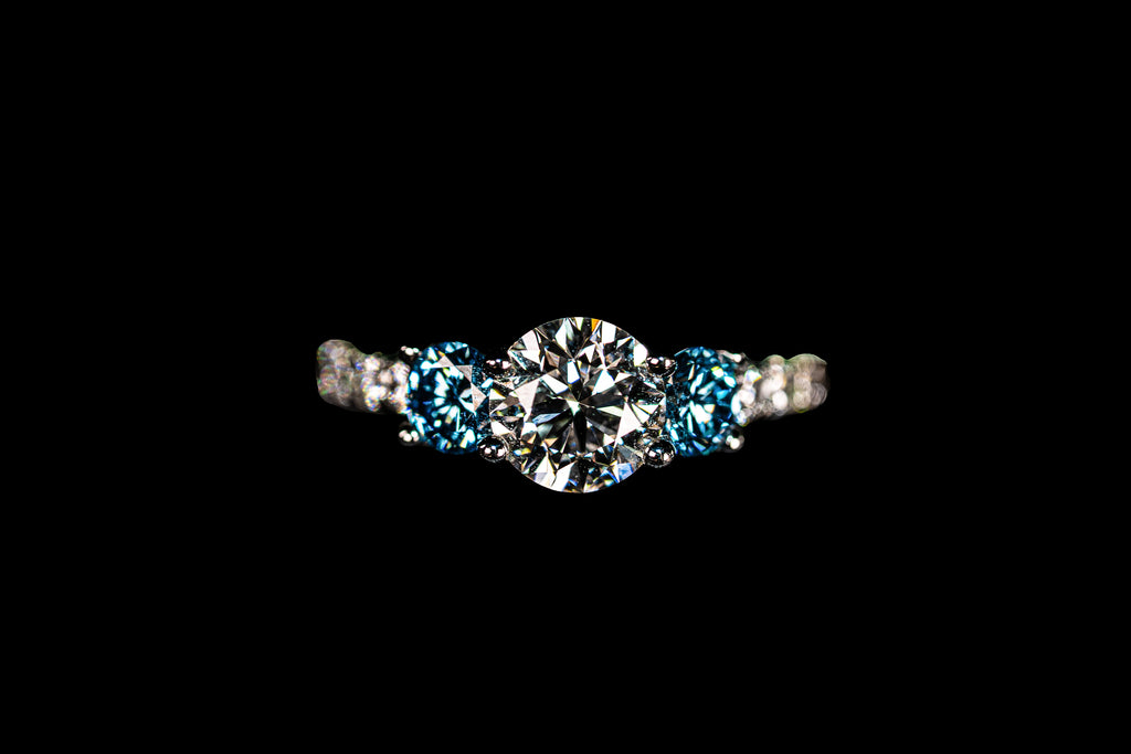 14K white gold triple diamond blue ring with 2.31 ctw, featuring fancy blue and white diamonds, by Colorlabdiamonds.