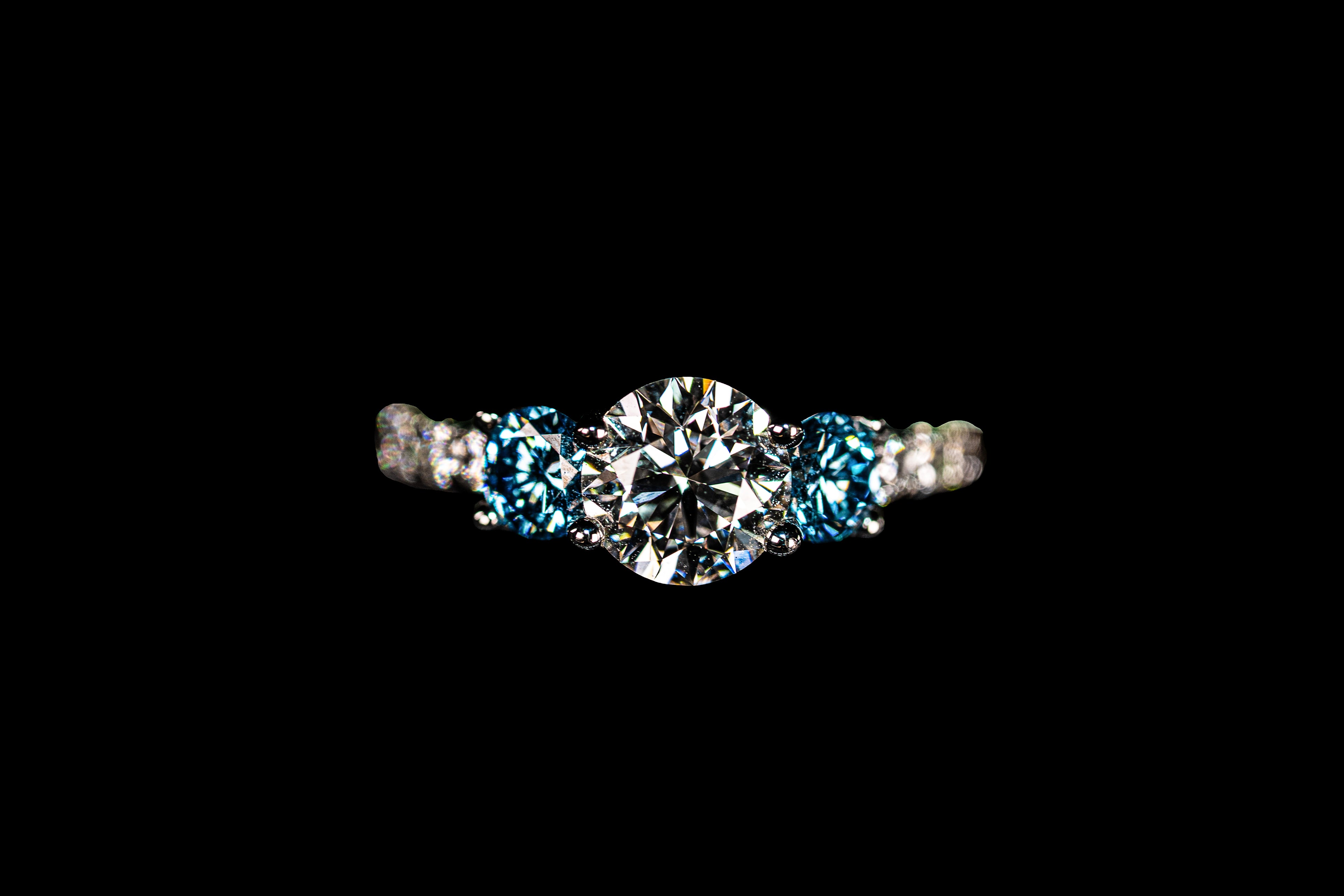 14K white gold triple diamond blue ring with 2.31 ctw, featuring fancy blue and white diamonds, by Colorlabdiamonds.