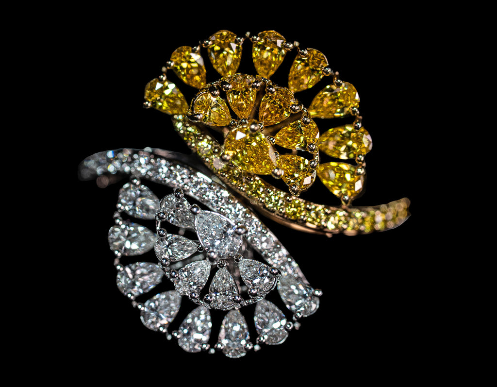 14K two-tone yellow diamond fashion ring by Colorlabdiamonds featuring sparkling yellow and white diamonds on a stylish band.