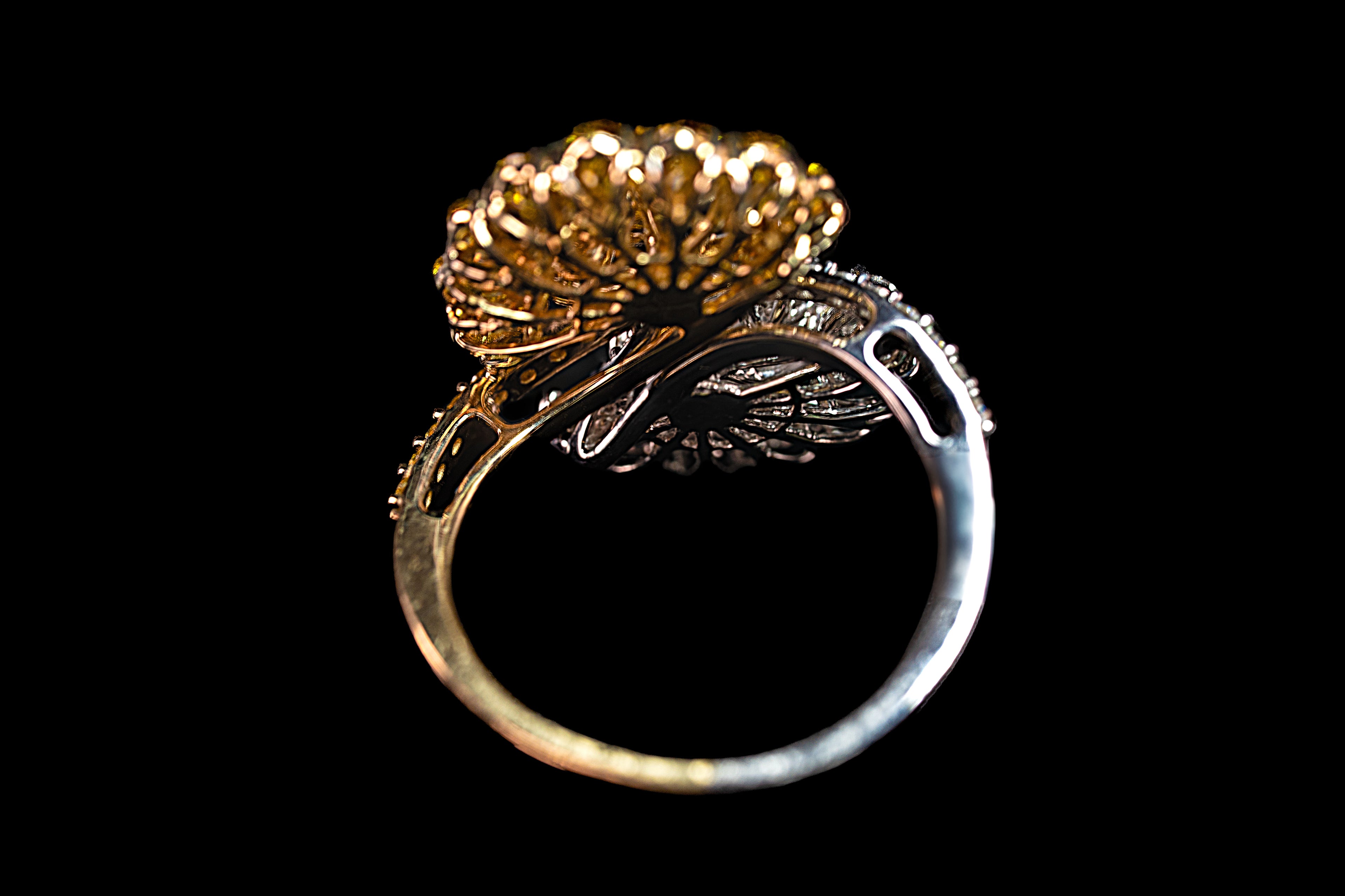 14K two-tone yellow diamond fashion ring by Colorlabdiamonds, showcasing sparkling yellow diamonds and intricate band design.
