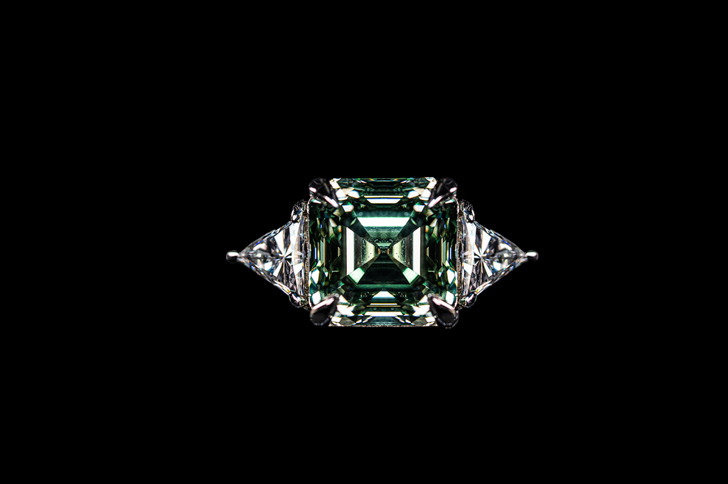 14K white gold fancy green Asscher cut diamond ring with 6.38 carats, featuring a luxurious and elegant design from Colorlabdiamonds.