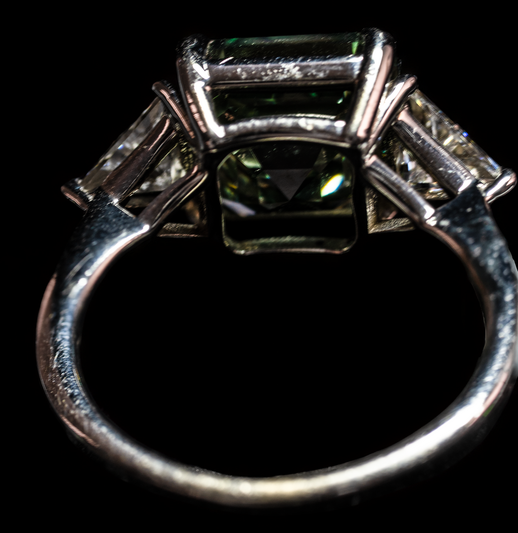 14K white gold fancy green Asscher cut diamond ring with 6.38 carats total weight from Colorlabdiamonds.