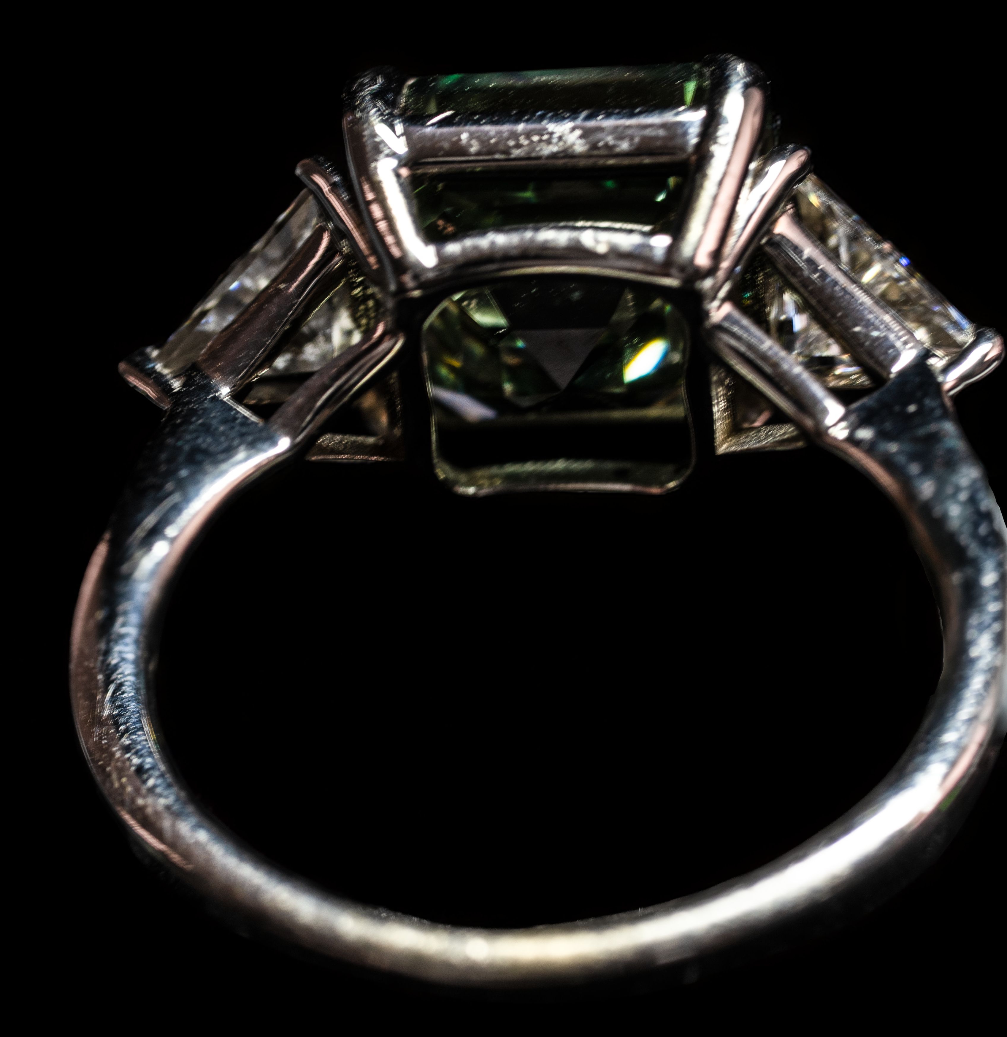 14K white gold fancy green Asscher cut diamond ring with 6.38 carats total weight from Colorlabdiamonds.